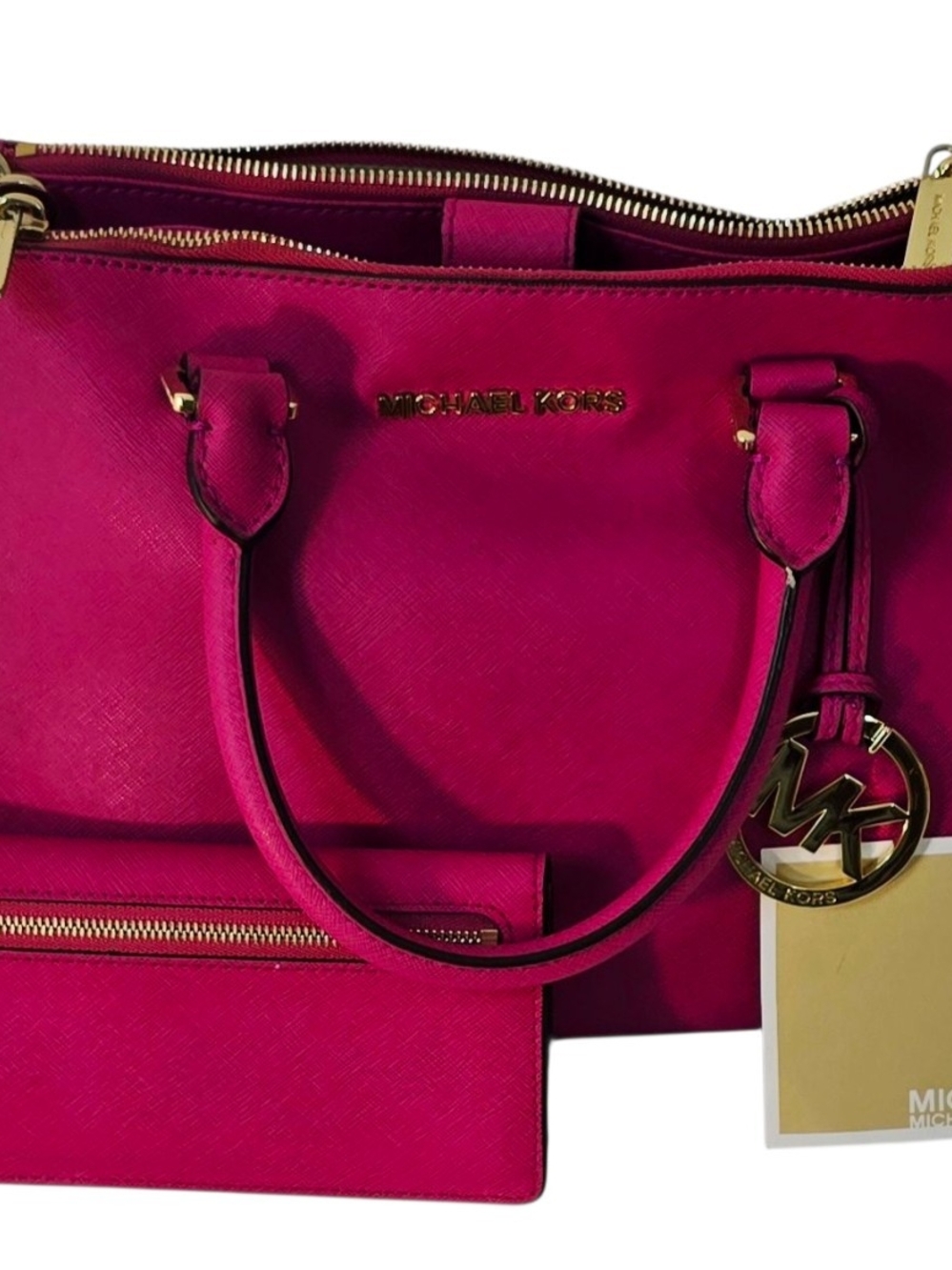 Michael Kors Sutton Medium Satchel Raspberry Pink Leather Bag + Wallet NWT